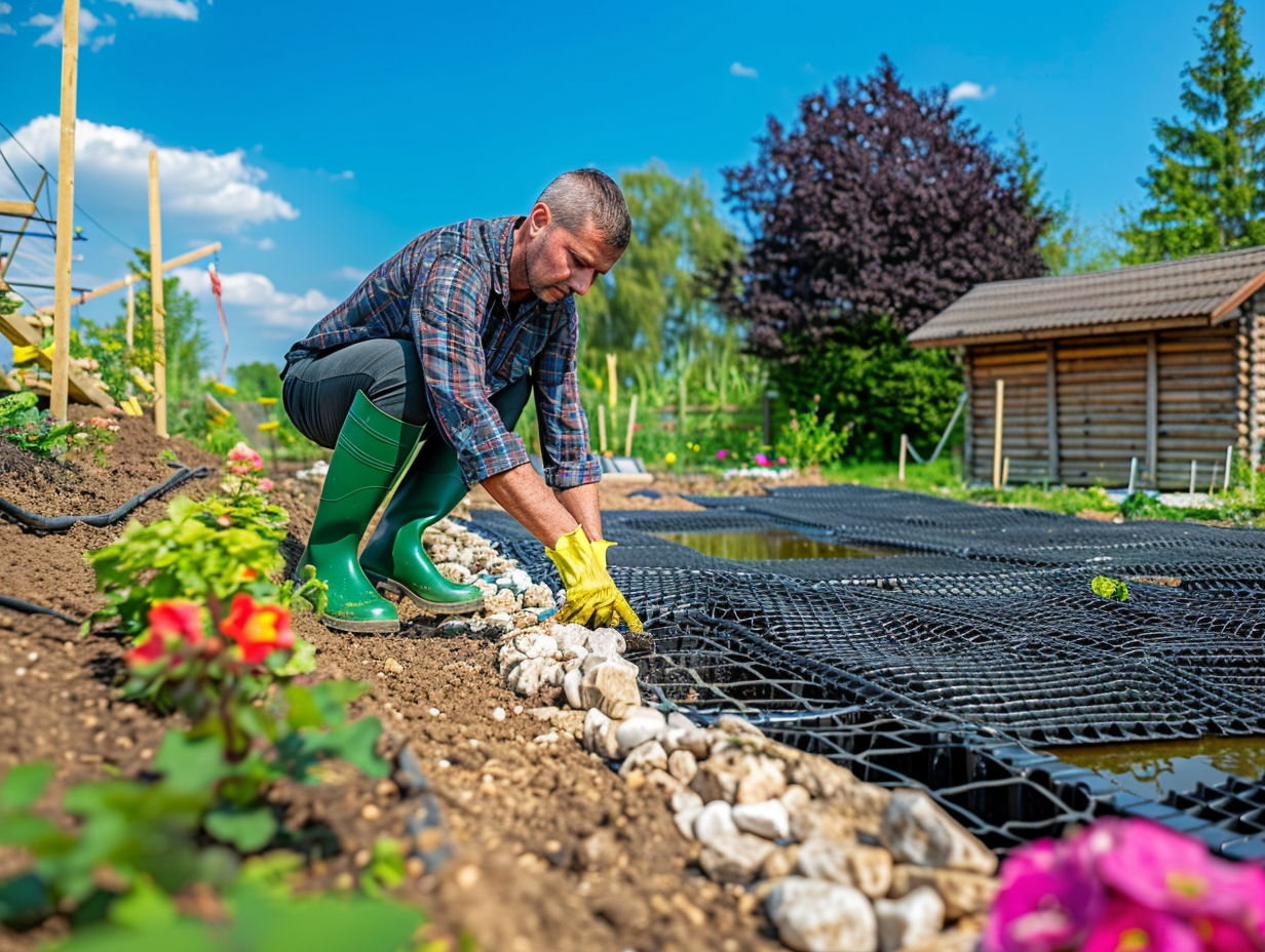 Polish gardener installing geogrid on garden pond bank.