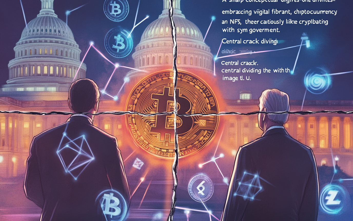 Political figures divided by Bitcoin-NFT chaos vs. law symbol.