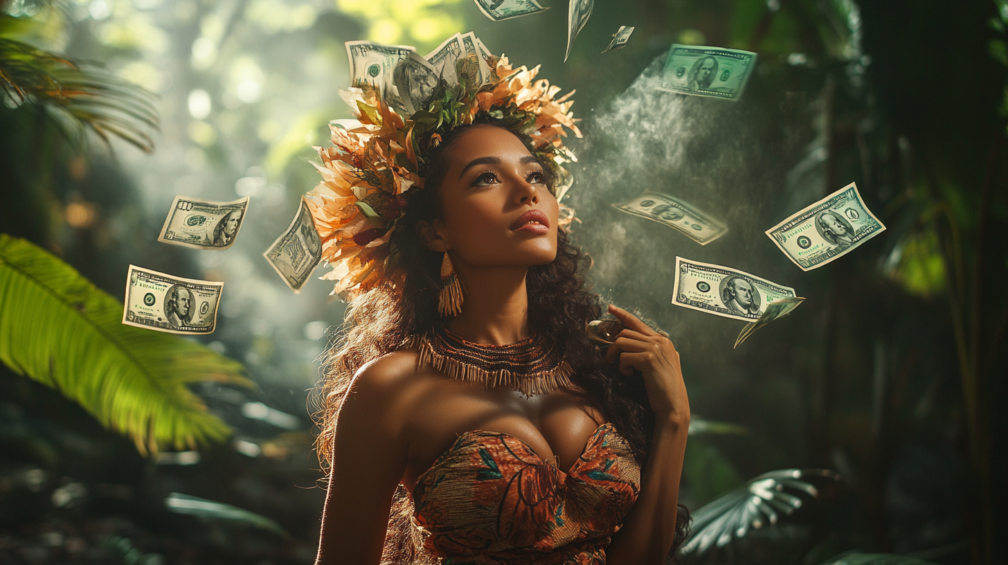 Polynesian woman, jungle setting, wind blowing money, dramatic lighting.