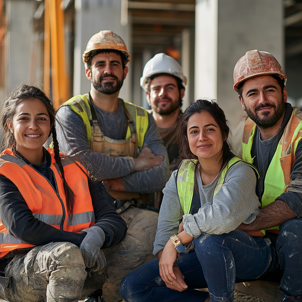 Portrait of 5 diverse workers on construction site. Proud.