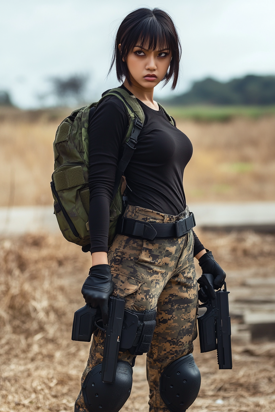 Portrait of Thai woman with short hair holding pistols.