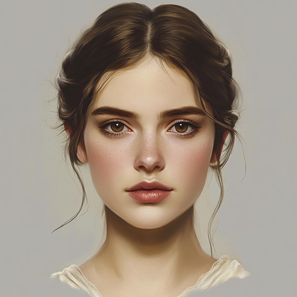 Portrait of a blushing woman with doe-like eyes.