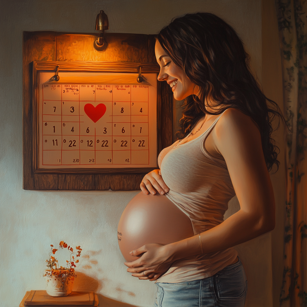 Pregnant woman smiling at heart circled date on calendar.