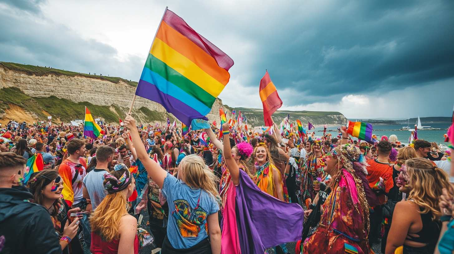 Pride march with diverse crowd waving rainbow flags, dancing.