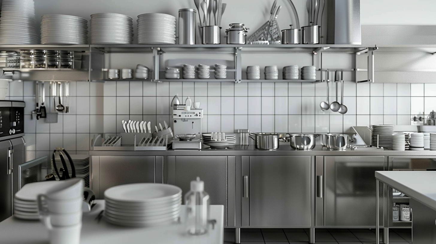 Professional White & Silver Restaurant Kitchen with Cool Storage