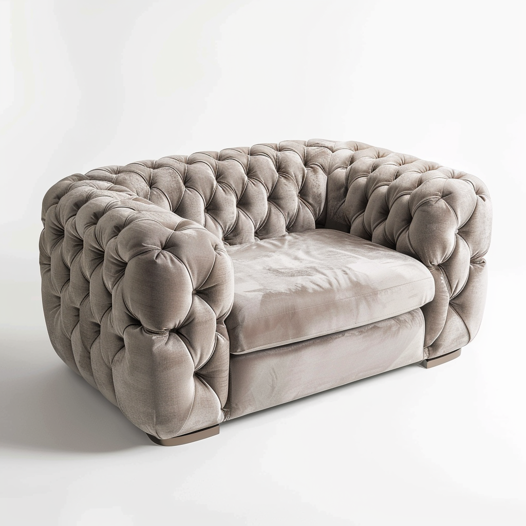 Professional photo of gray tufted sofa on white background.