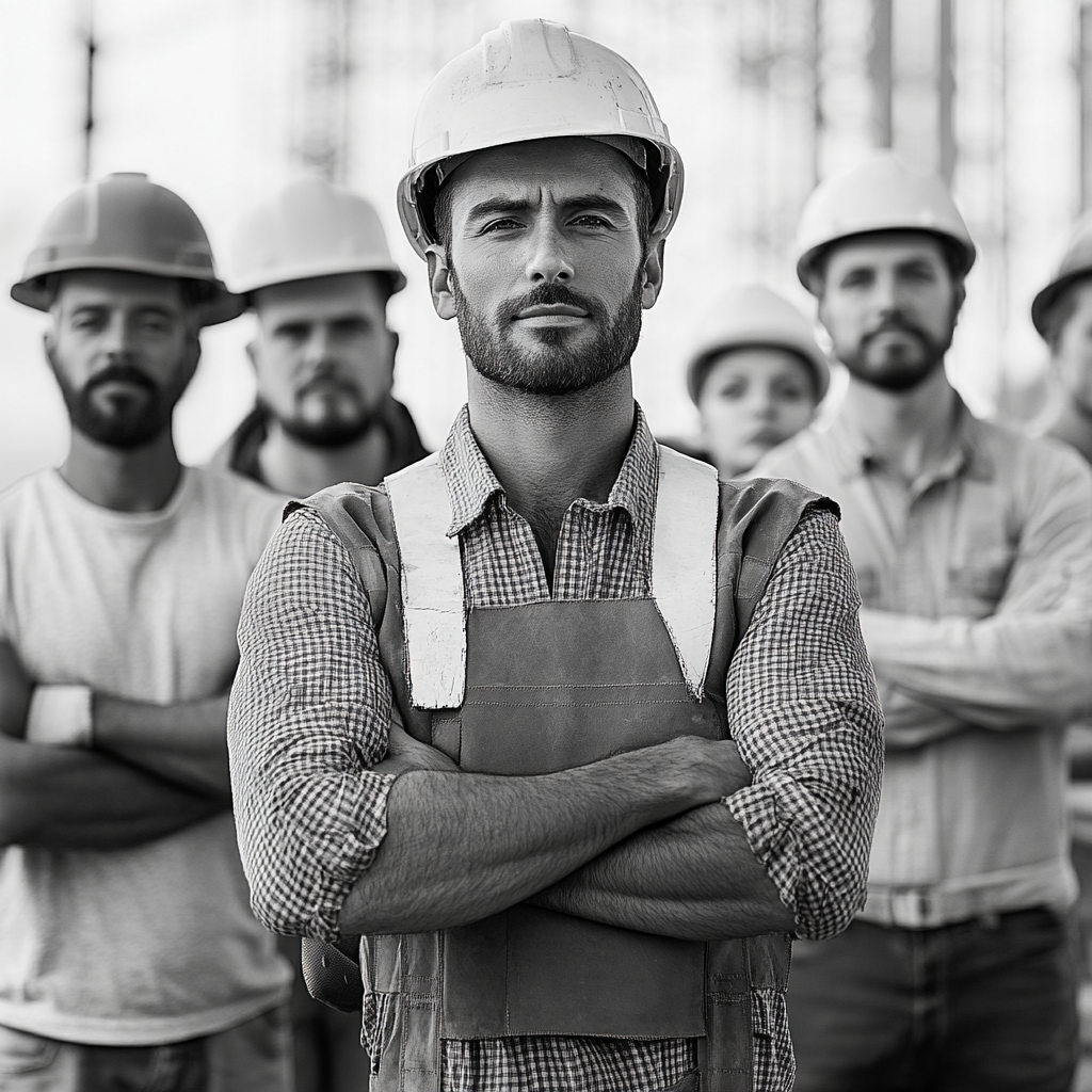 Proud multicultural construction workers pose with folded hands.