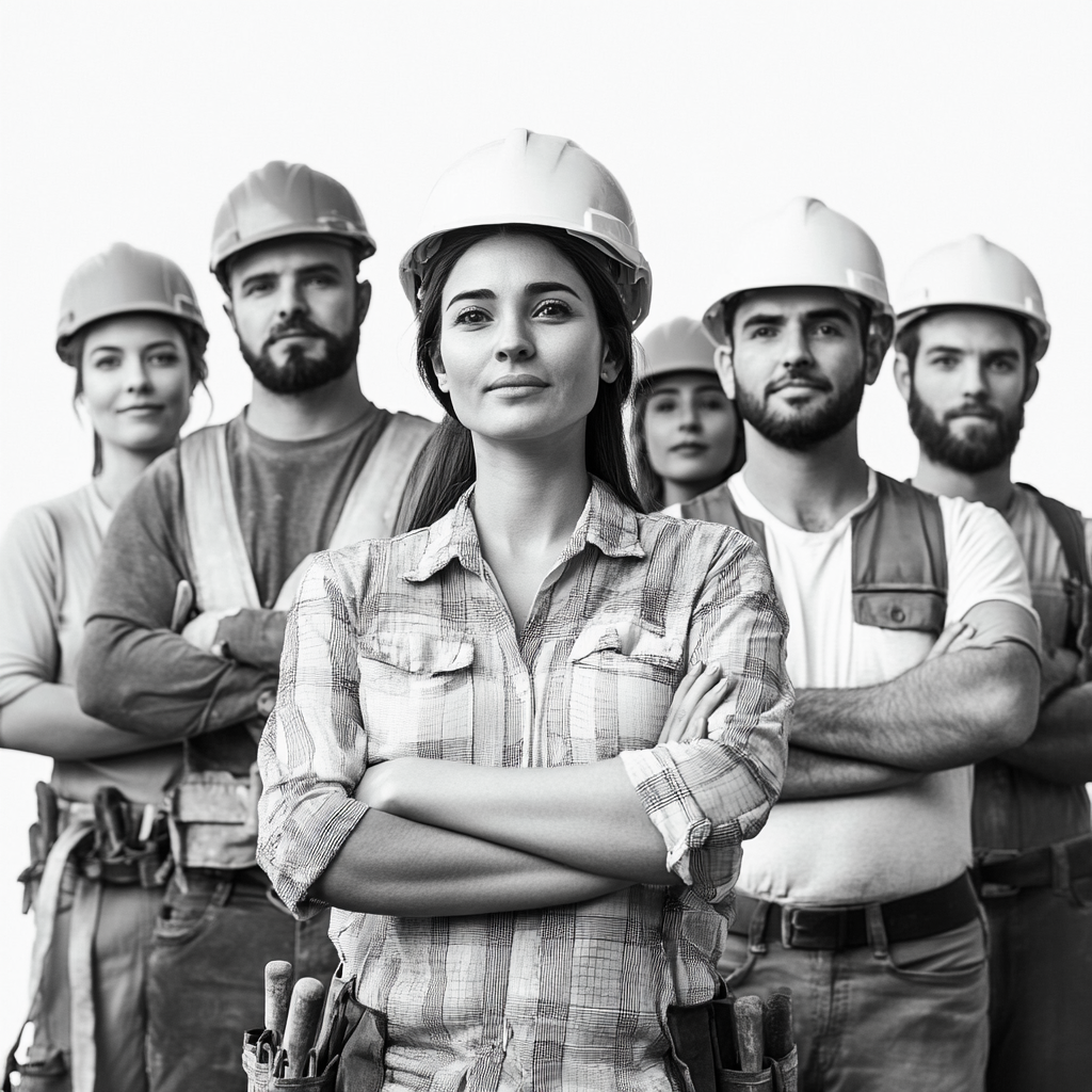 Proud multicultural workers in construction with helmets pose.