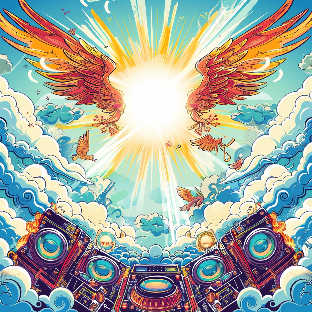 Psytrance festival flyer with DJ equipment, angels, clouds.