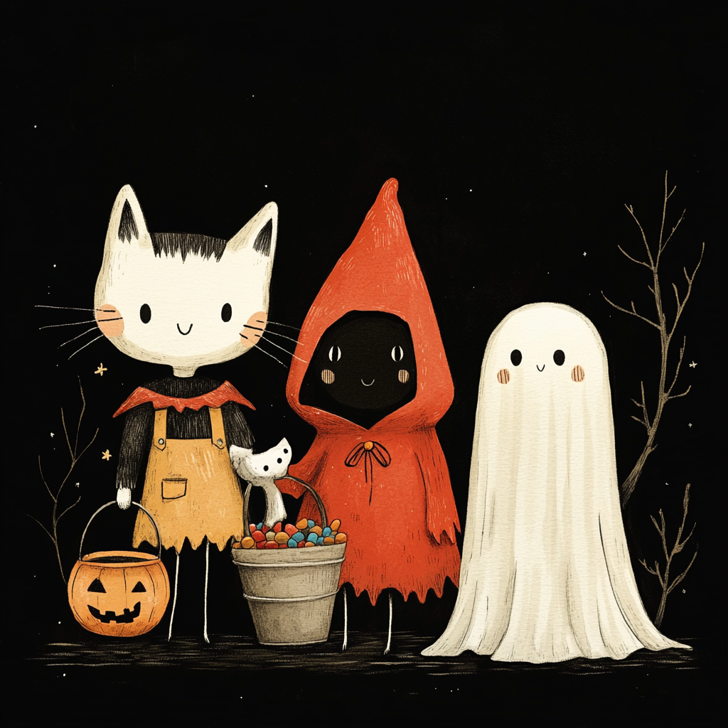 Pumpkin, cat, ghost, colorful costumes, black background illustration.