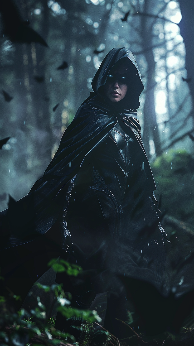 Raven in hooded cloak, dark energy radiating, eerie forest.