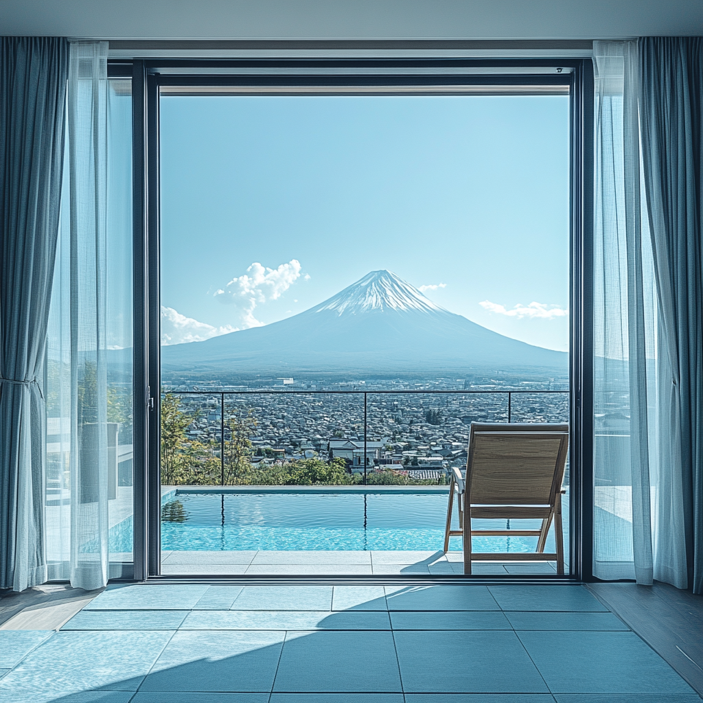 Real rooftop view of mountain city with pool and Fuji.