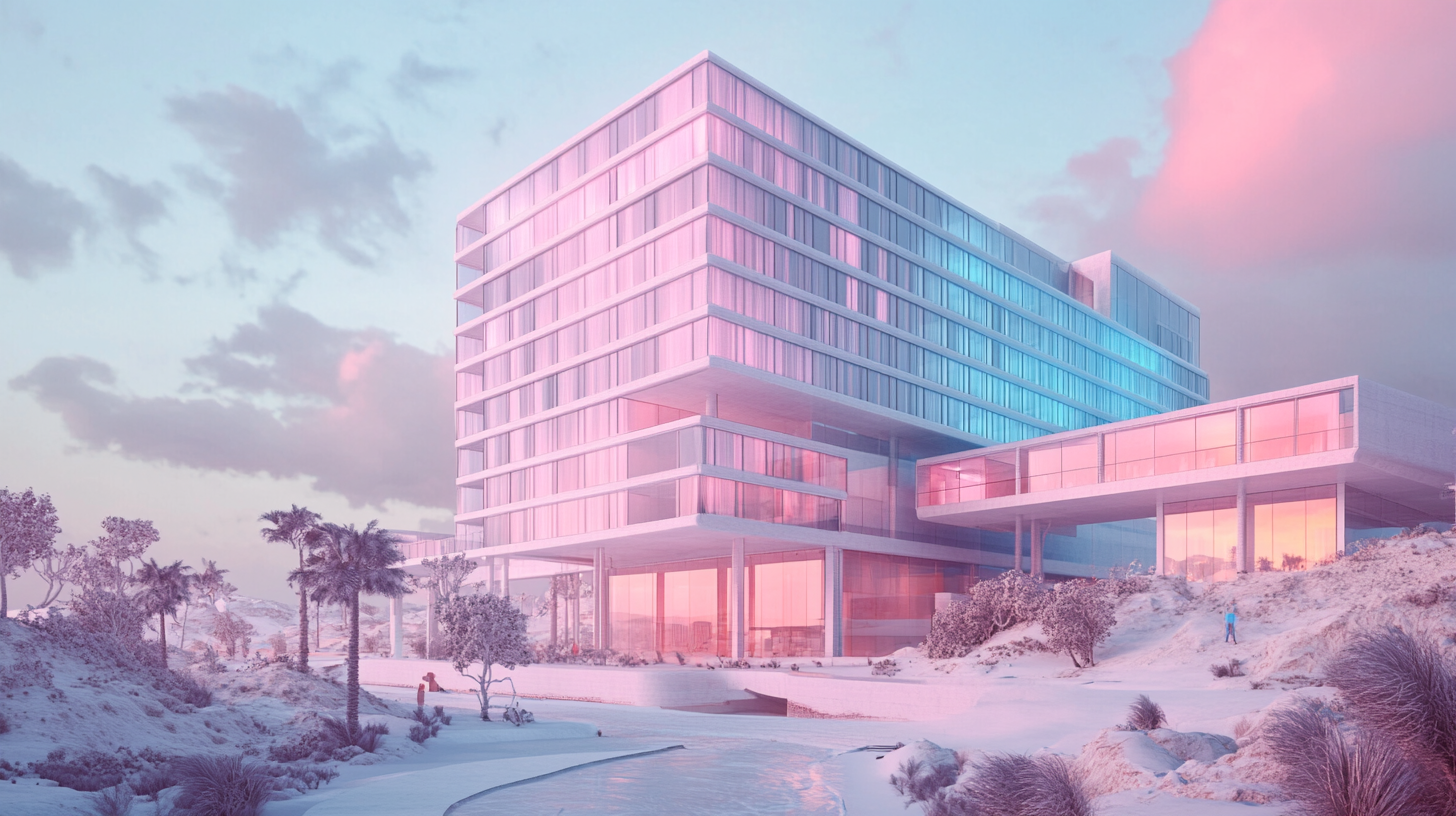 Realistic 3D render of modern hotel in soft colors.