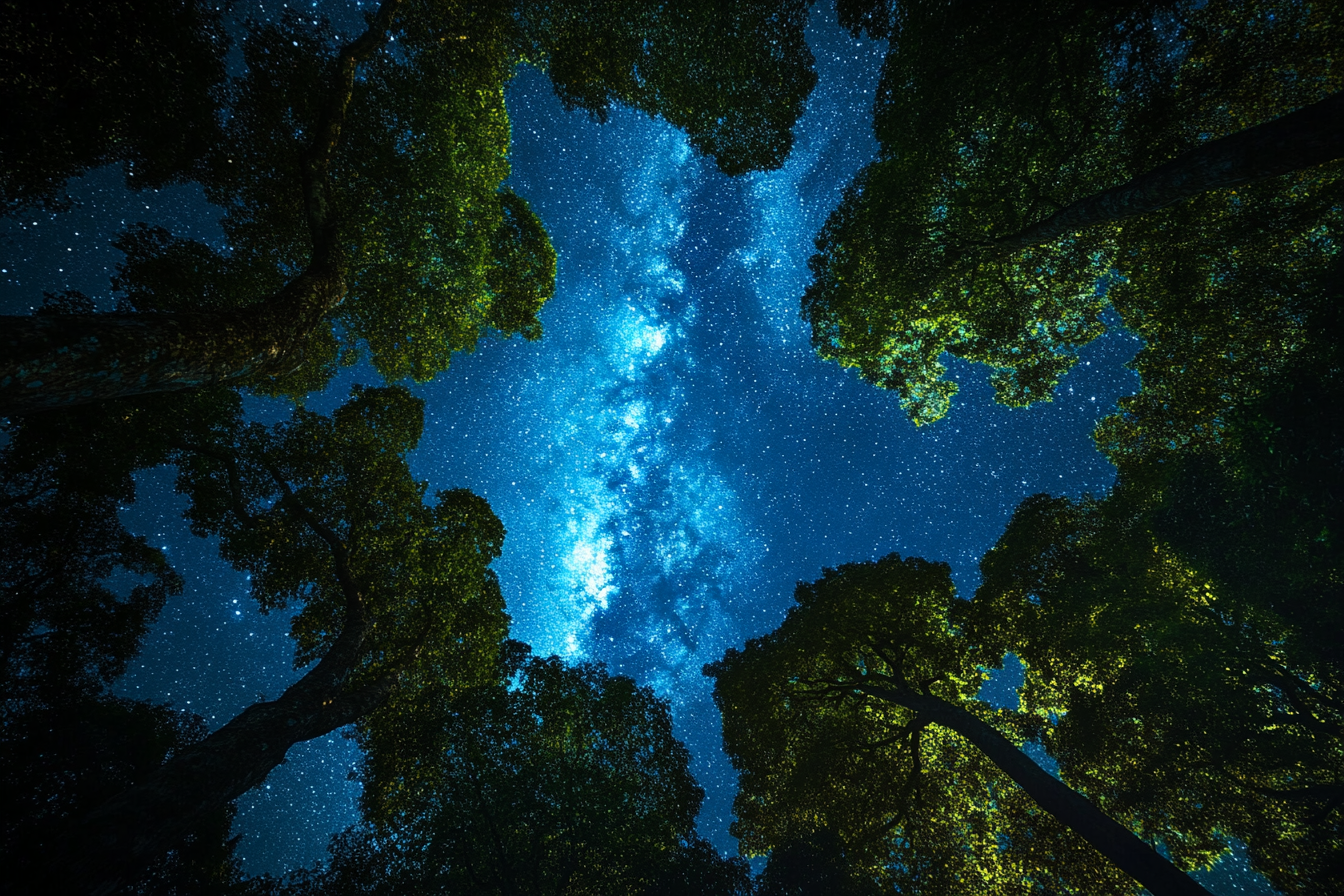 Realistic Asian forest photos with Milky Way view, sharp details.