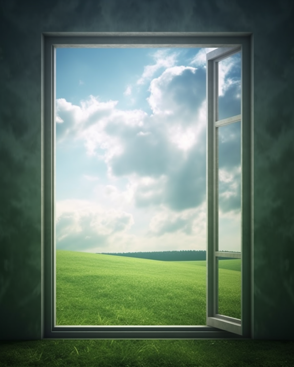 Realistic Window in Sky Over Green Field Imgaery