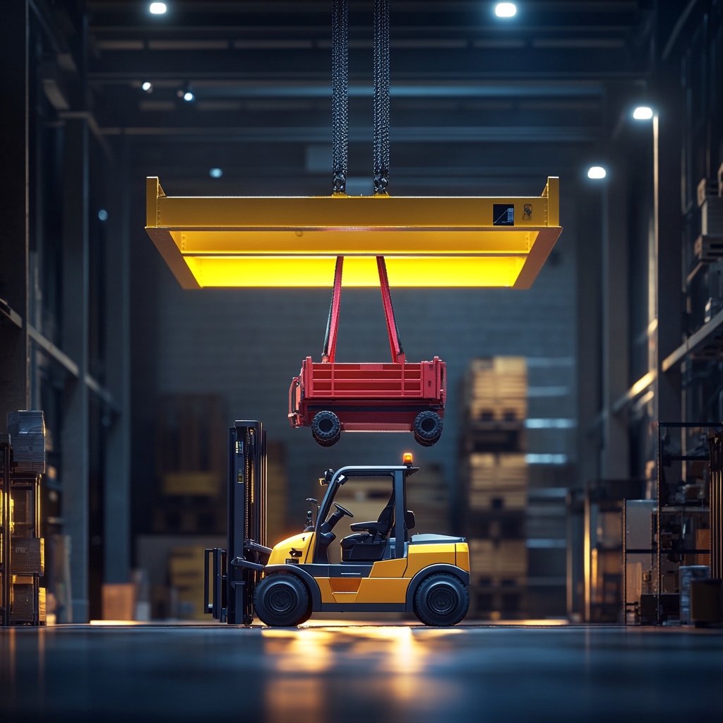 Realistic crane hoisting red forklift with nylon slings.