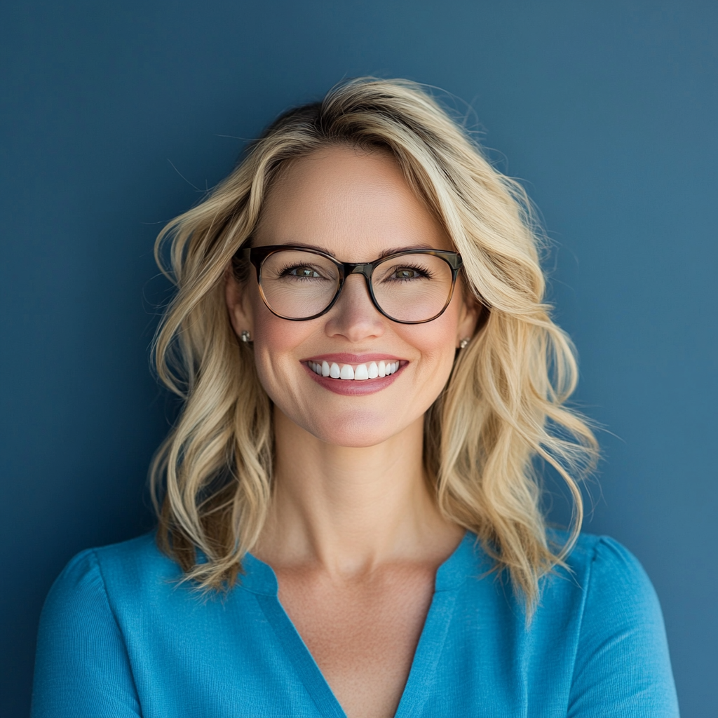 Realistic headshot of 40-year-old blond, happy business woman.