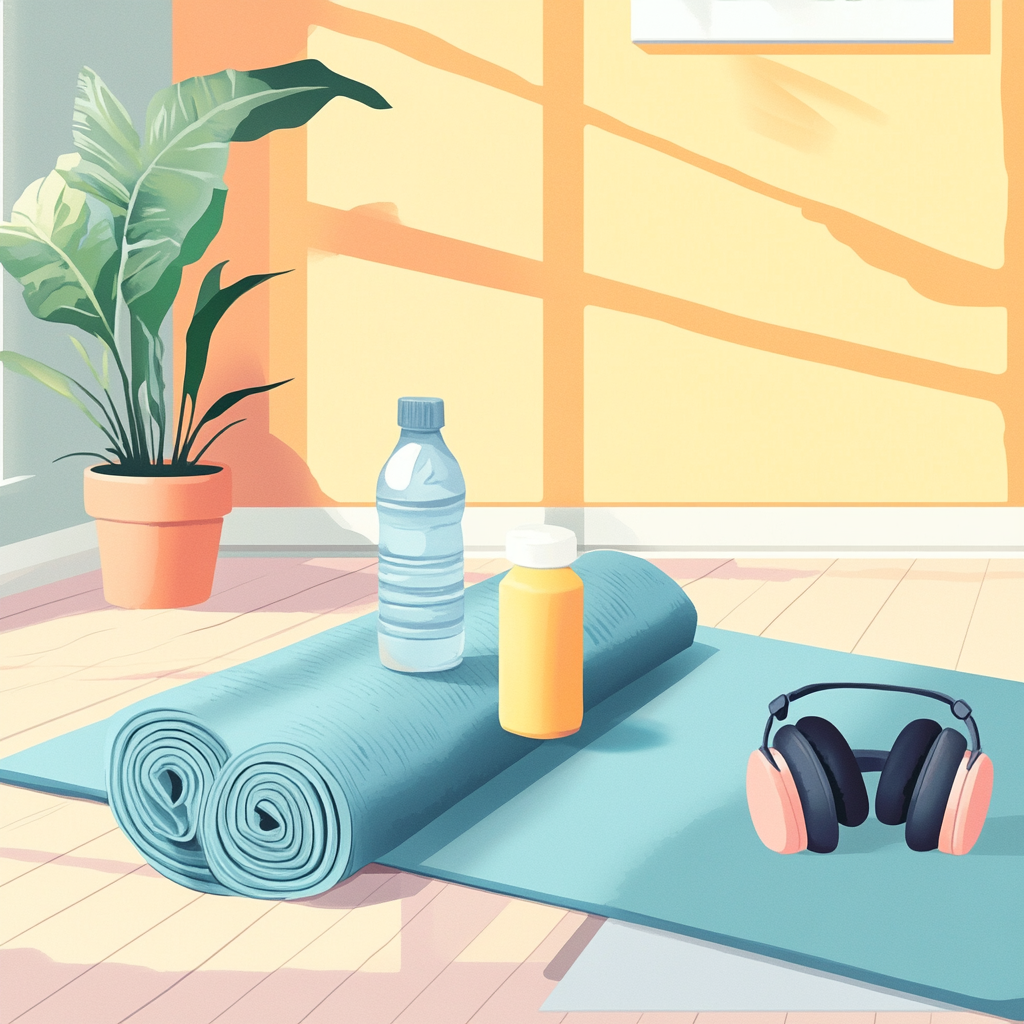 Realistic living room with exercise mat, towel, water bottle.