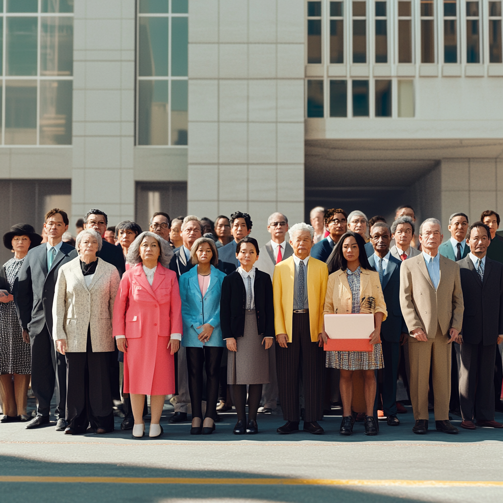 Realistic photo of diverse groups outdoors, segmented by age, gender, occupation - detailed, diverse, realistic, outdoor, groups, age, gender, occupation.