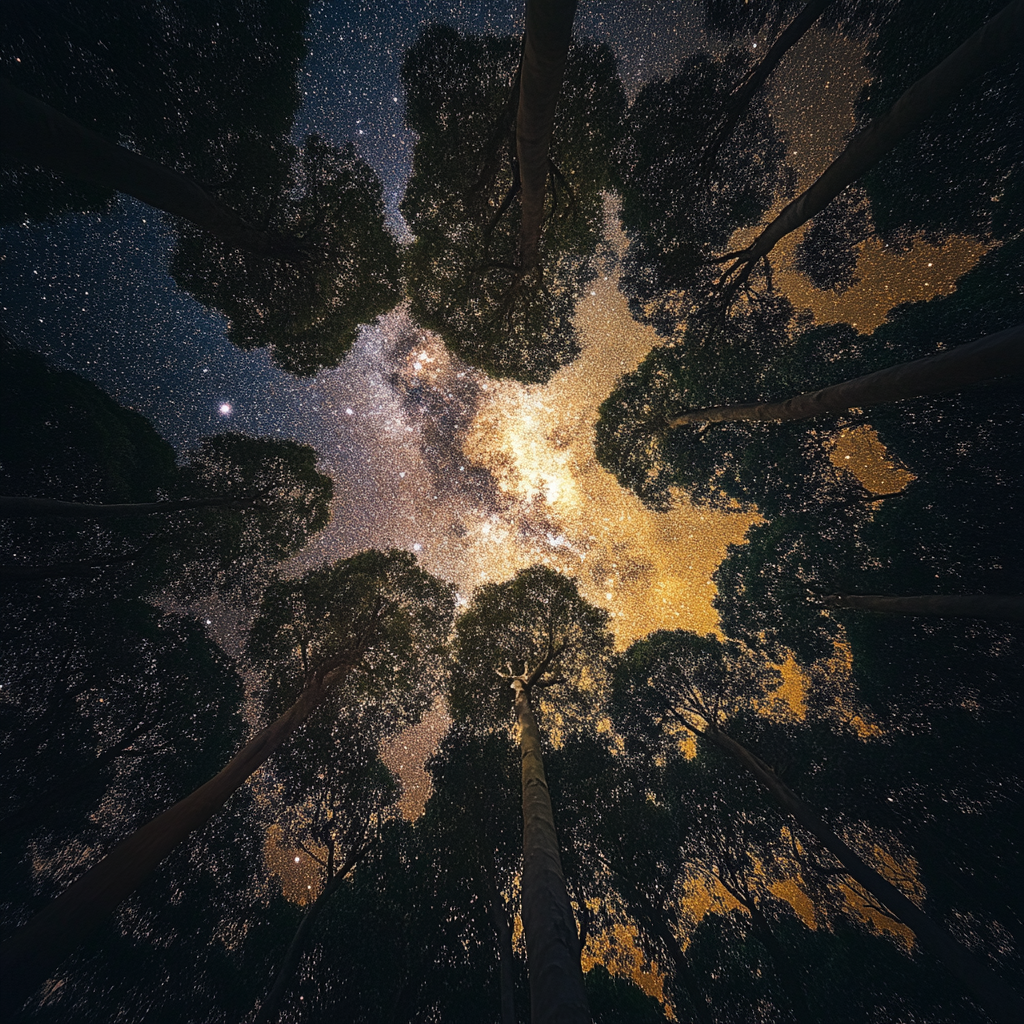 Realistic photos Asian forest, low angle, looking up Milky Way.