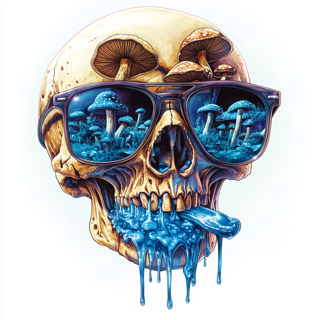 Reaper with sunglasses and blue mushrooms reflection, tattoo design