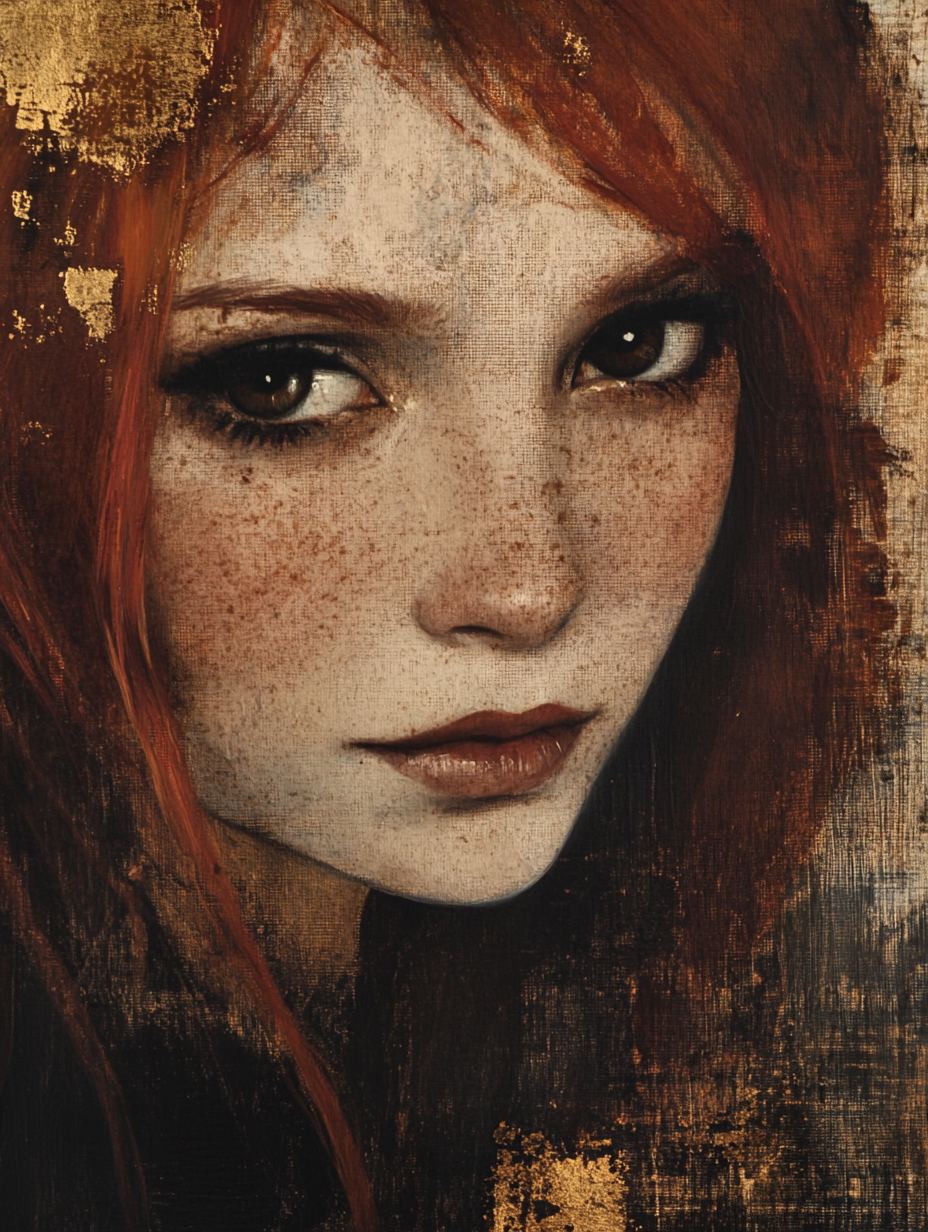 Red-Haired Woman Portrait with Gold Leaf Accents