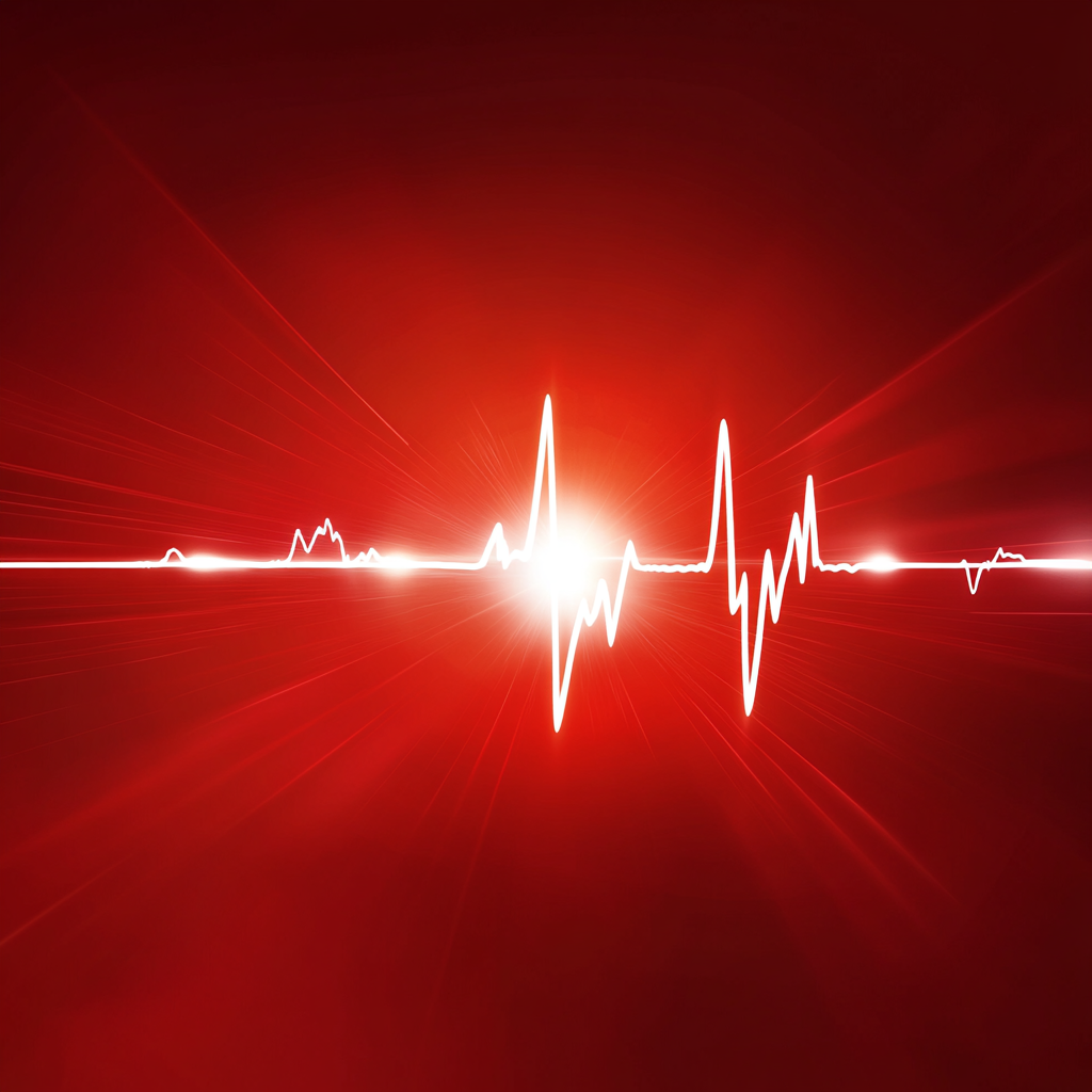 Red background, white heartbeat line symbolizing life energy.