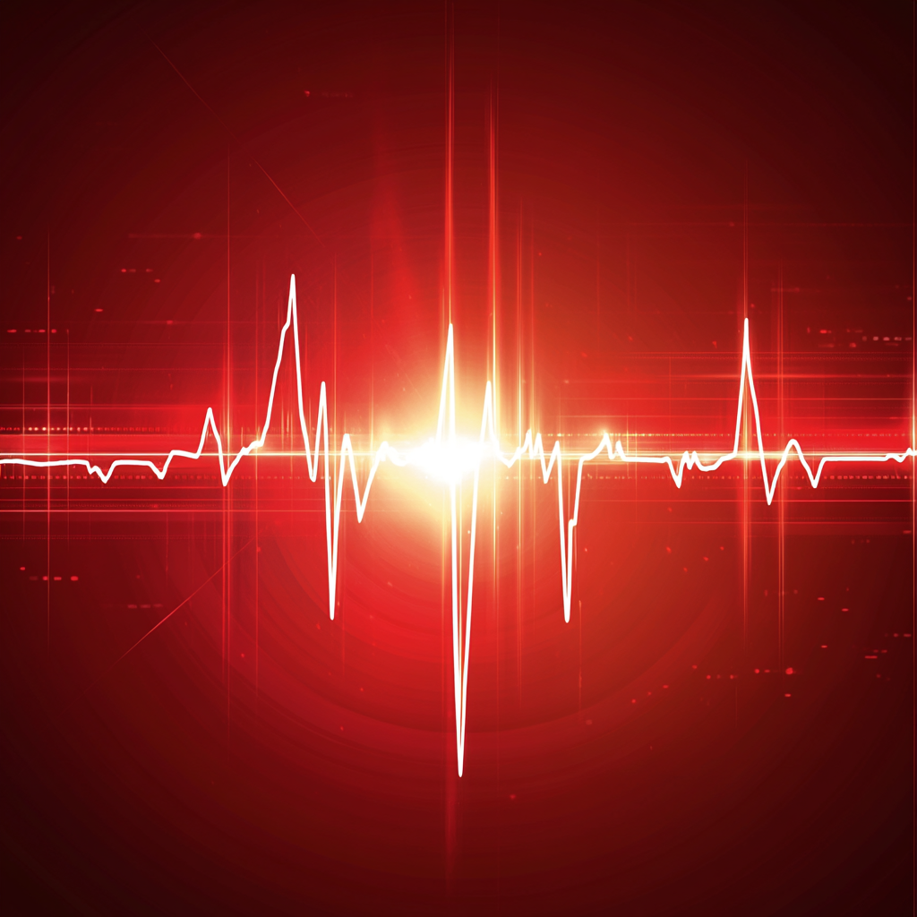 Red background with glowing heartbeat line symbolizing life and energy.