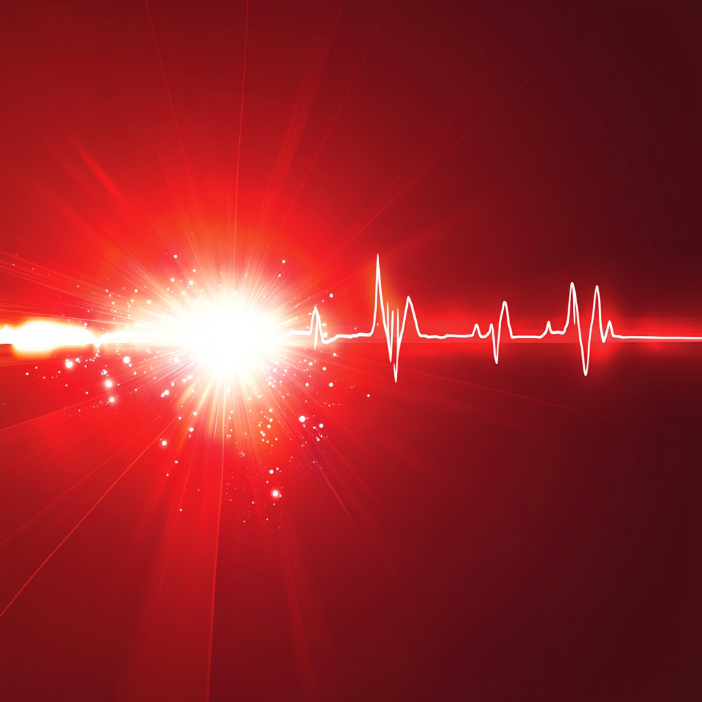 Red background with glowing white heartbeat, symbolizing life and energy.