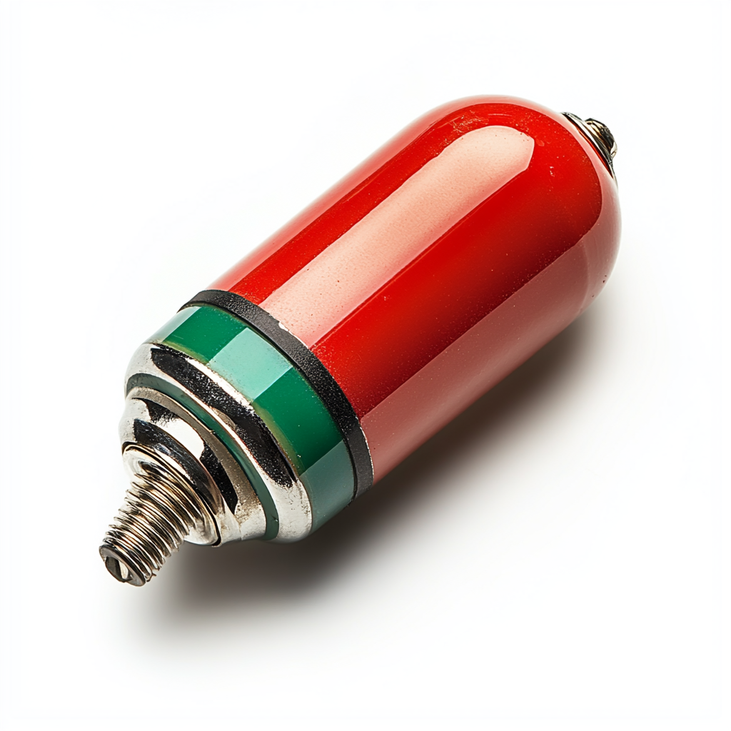 Red electronic capacitor with green stripe, white background, flying.