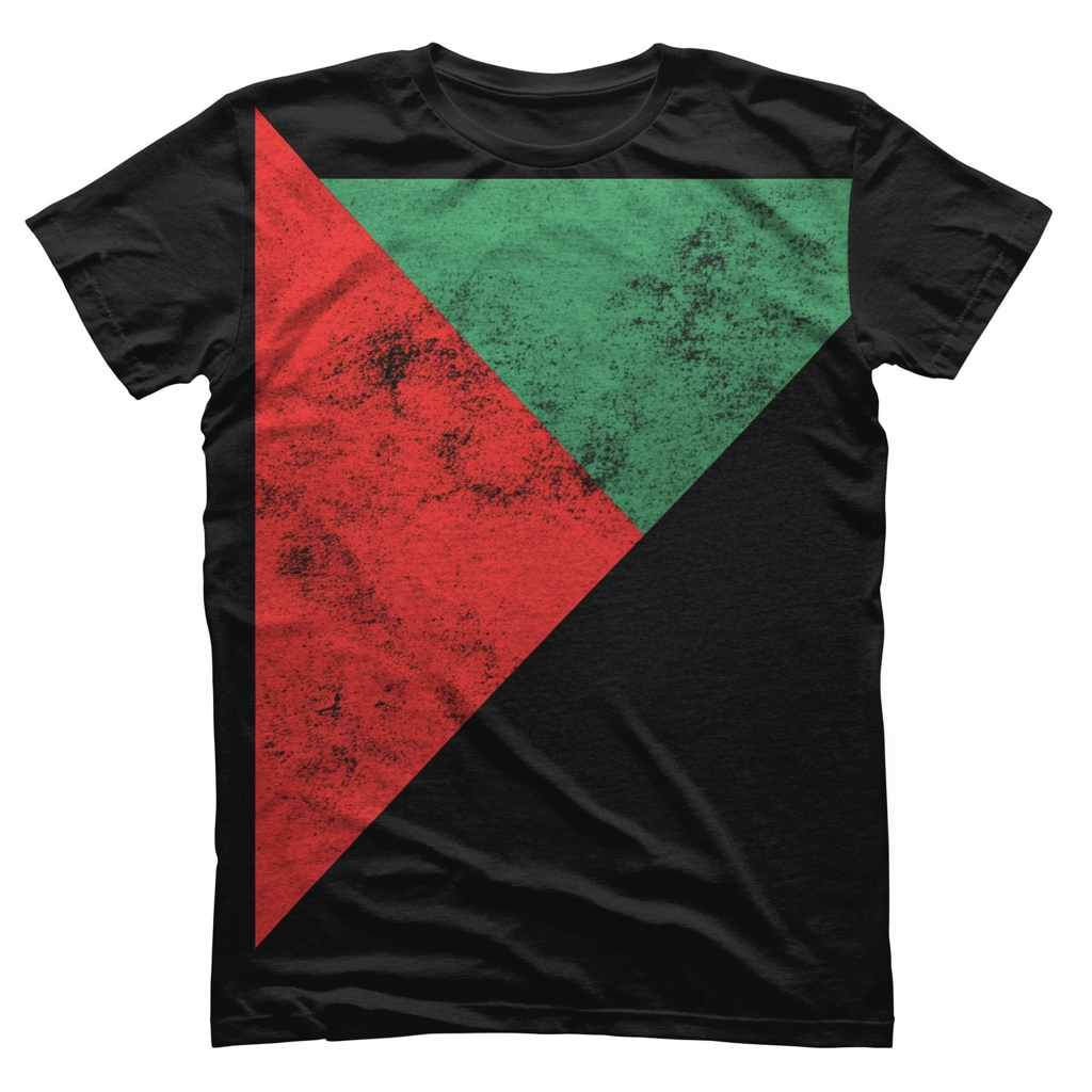 Red triangle, green top, black bottom on t-shirt.