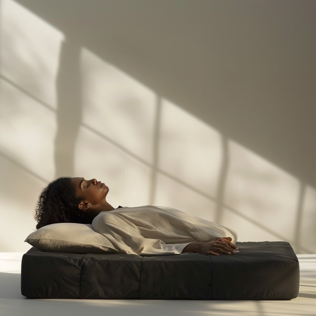 Refreshing Coolness: Woman resting on uncovered mattress