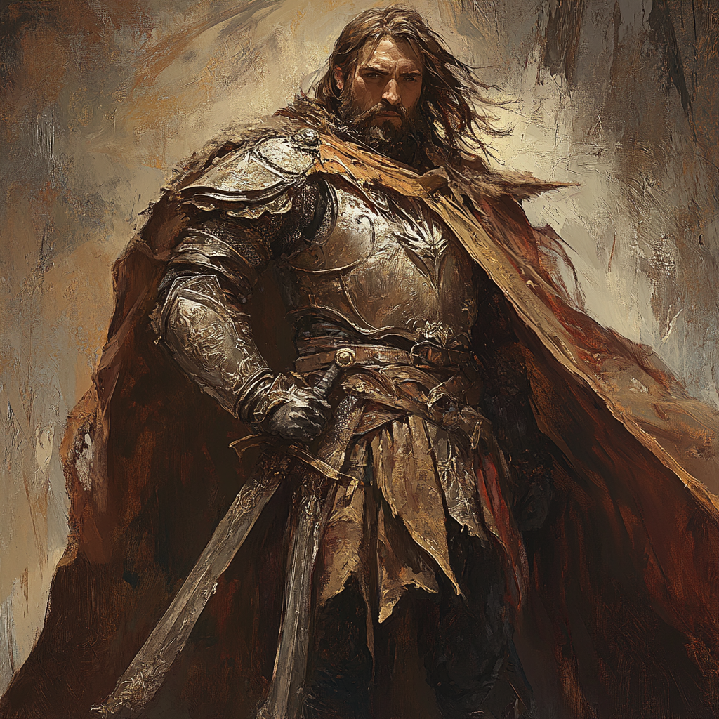 Regal warrior in weathered leather armor and majestic cloak.