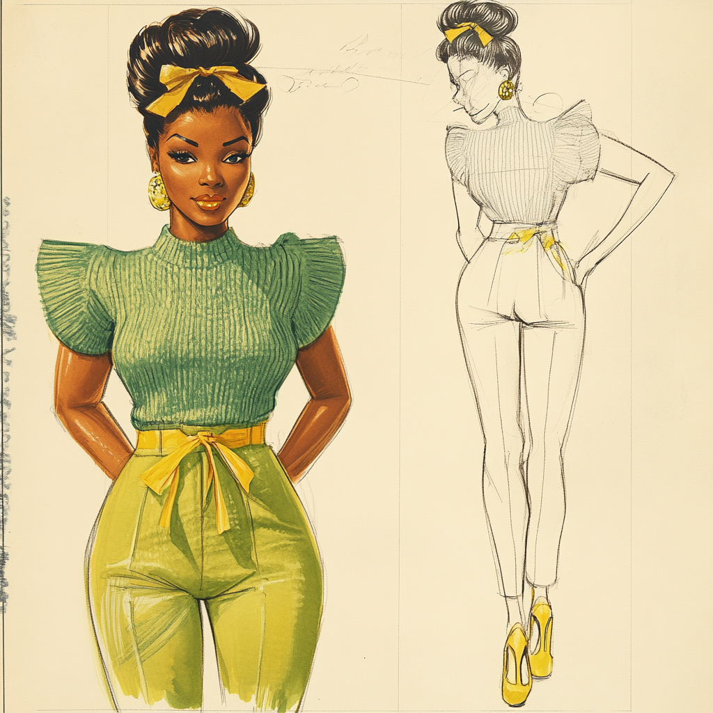 Retro 1960s African-American woman in Kelly green outfit