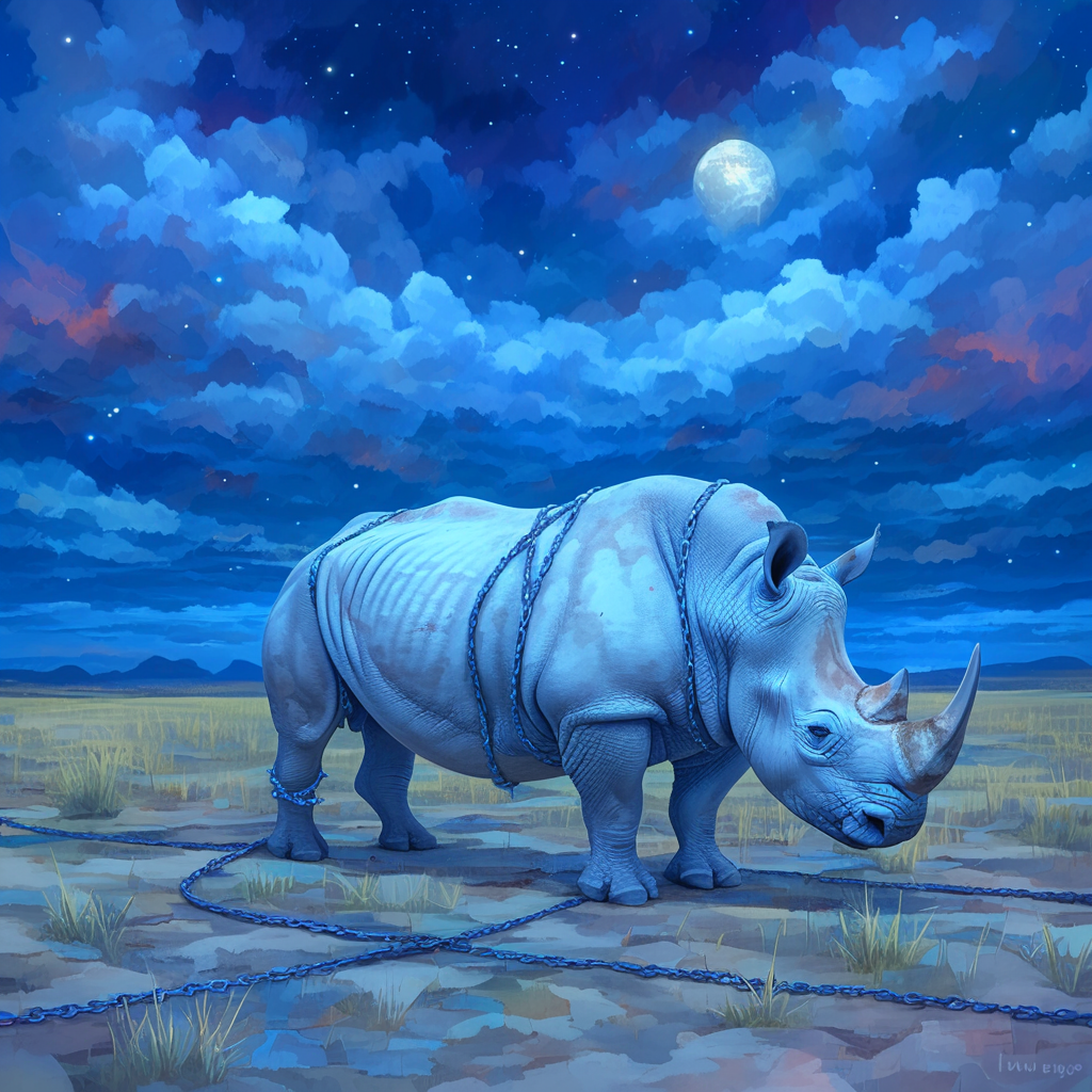 Rhino breaking chains in starry night savanna fantasy.