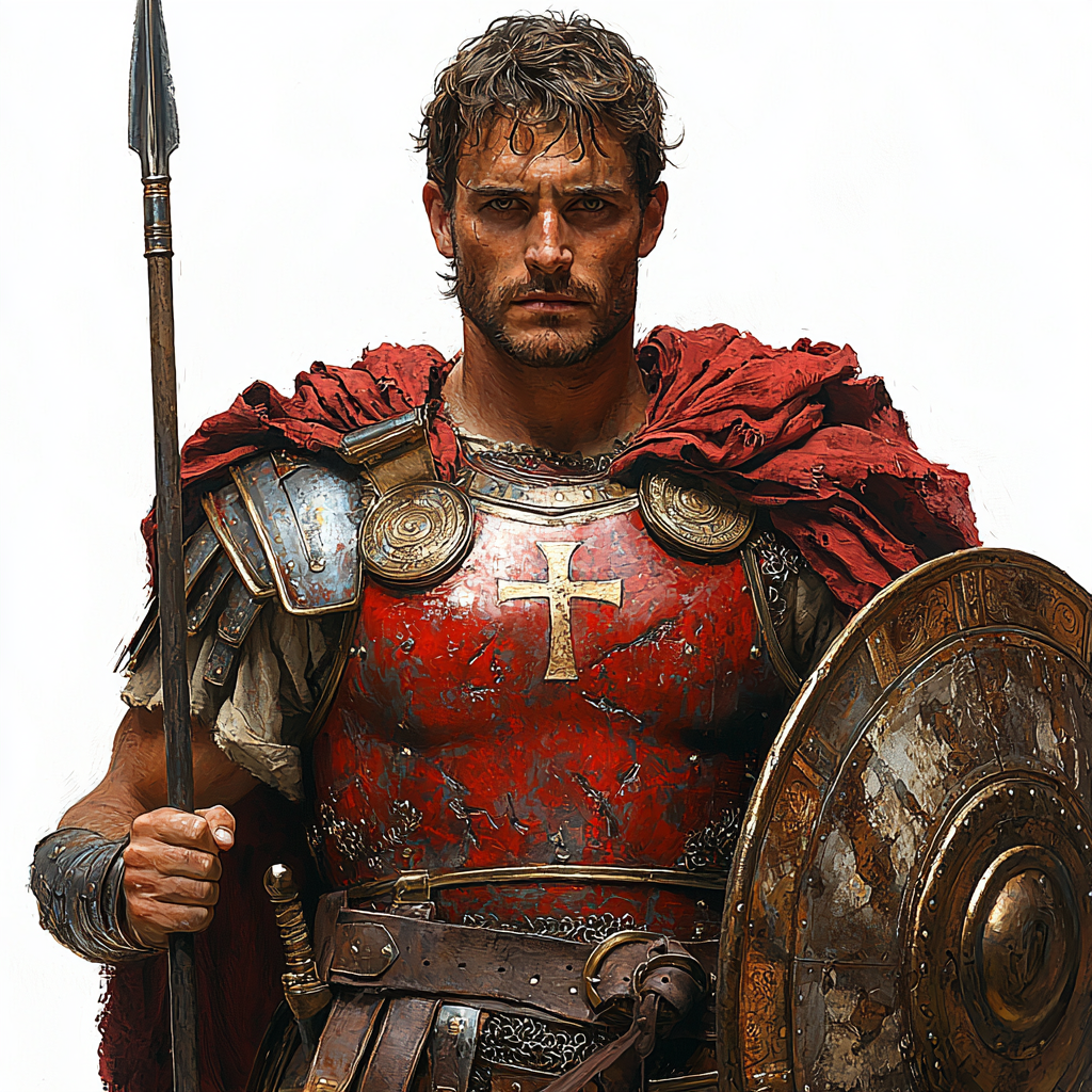 Roman soldier in red armor with spear and shield.