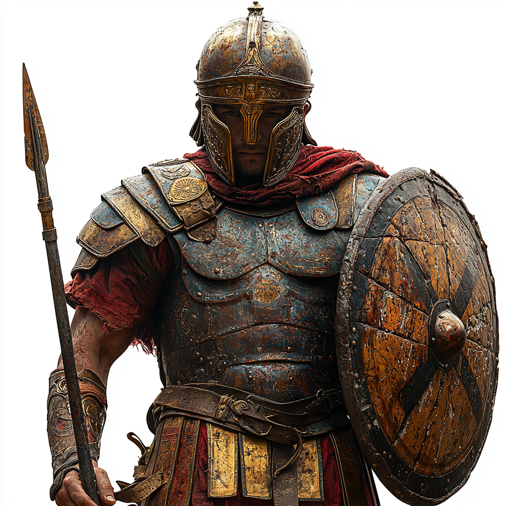 Roman soldier with shield and spear in armor pose