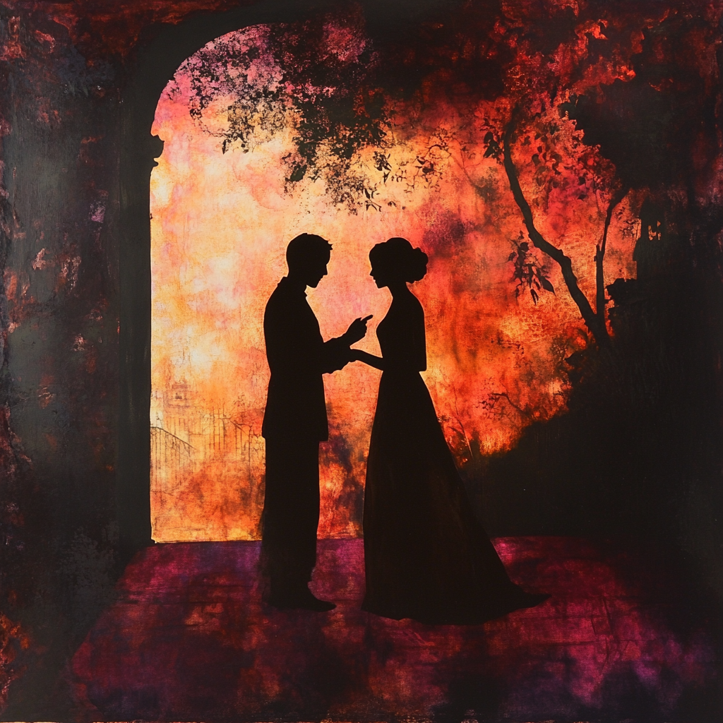 Romantic, evocative silhouettes in intimate, softly illuminated setting.