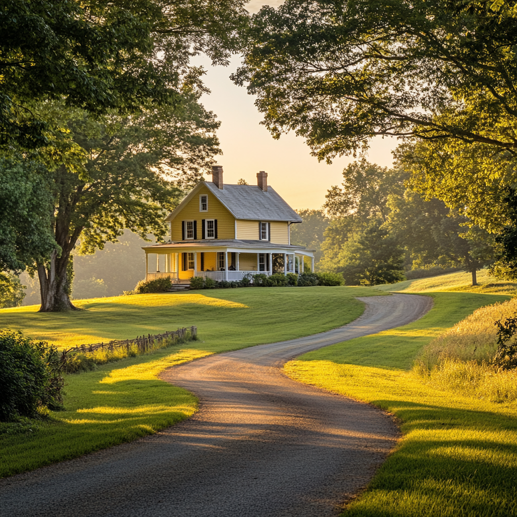 Rural farmhouse at sunrise with yellow house and trees.