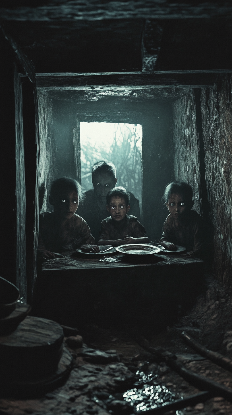 Russian family in bleak hut during famine 