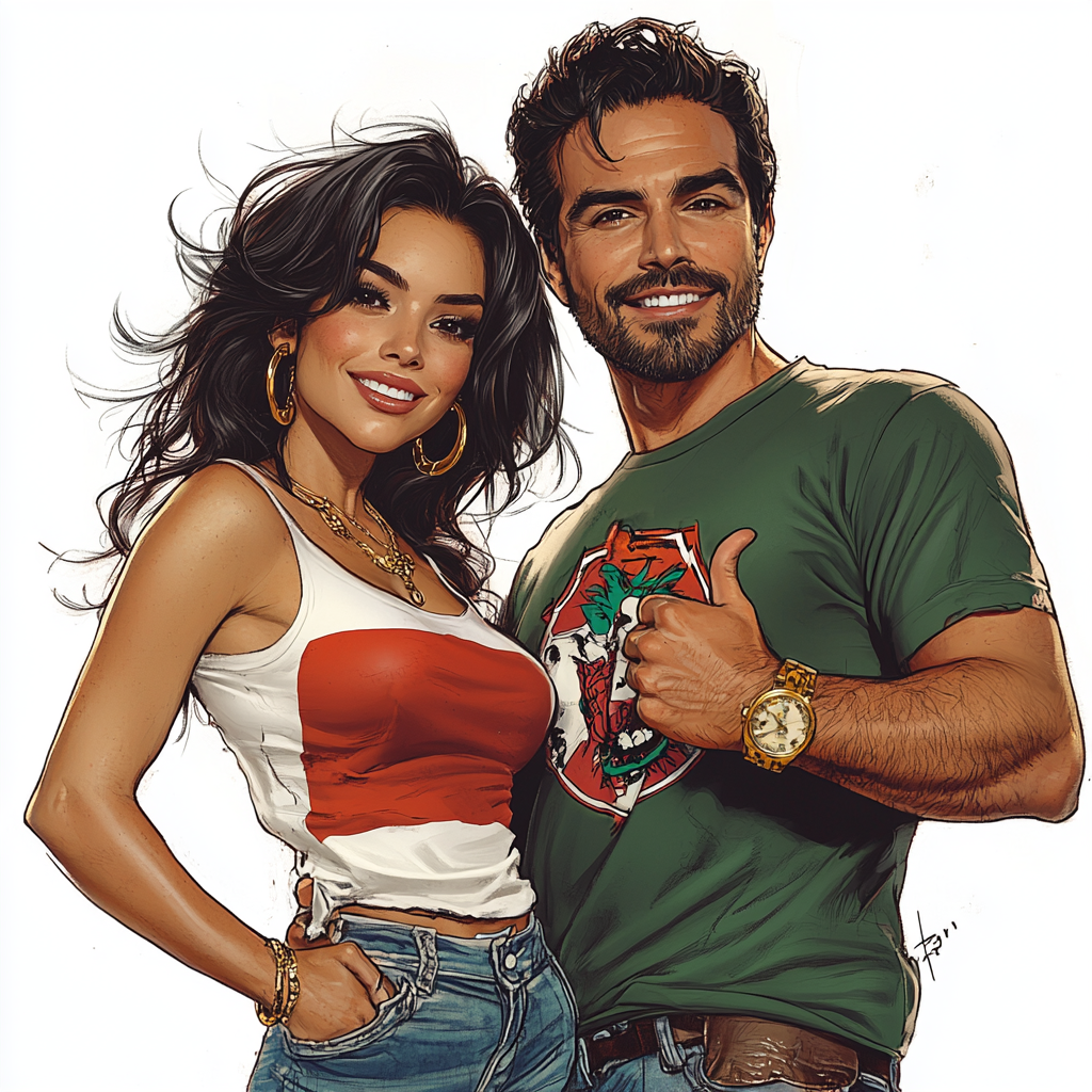 Salma Hayek and Latino male smiling in portrait.