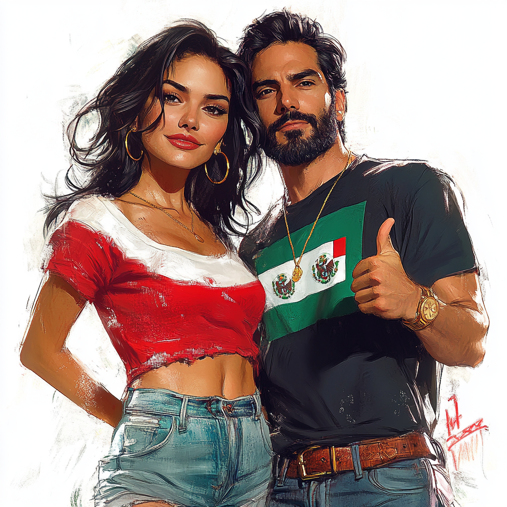 Salma Hayek and Latino man in comic portrait.