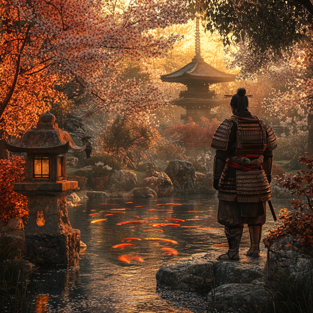 Samurai in garden at sunset, reflecting on time.