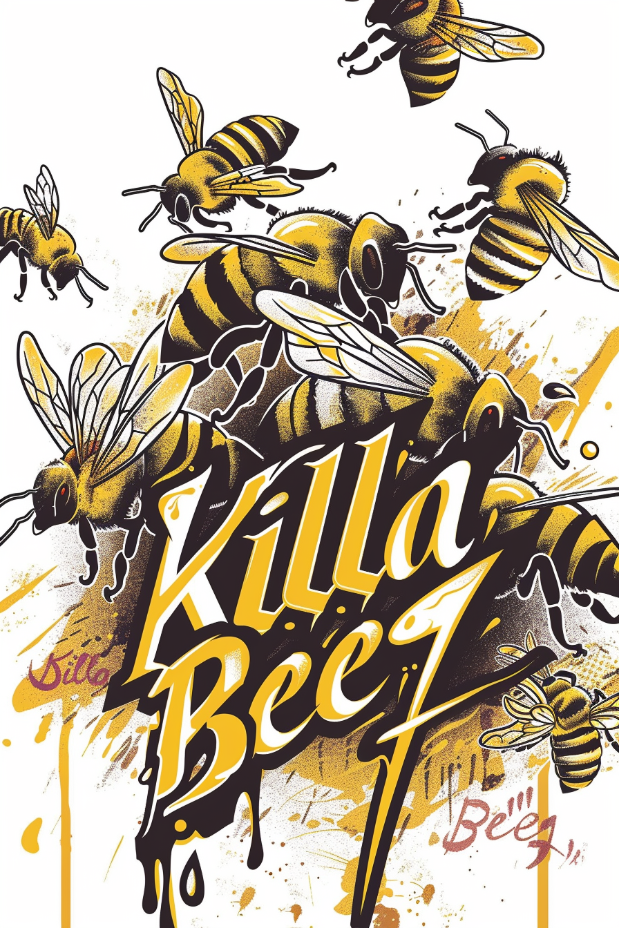 Samurai-style typography with honey, killer bees, sharp details.