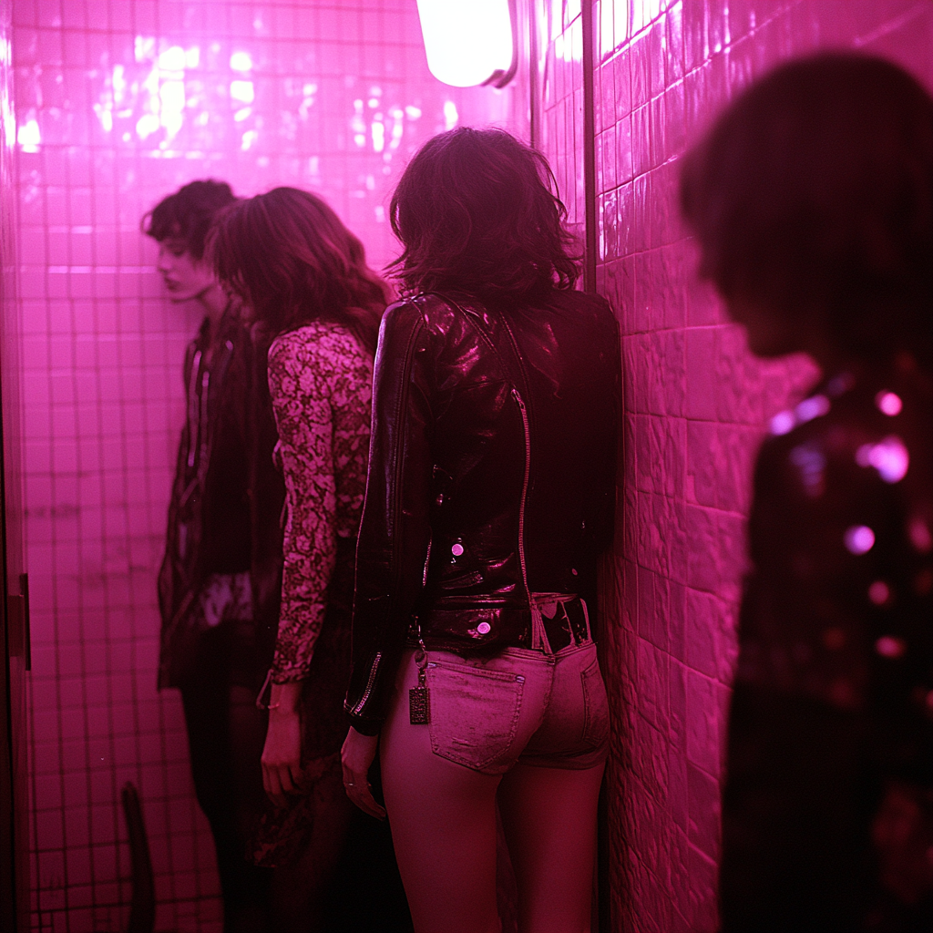 Sarah joins three women in punk disco restroom.