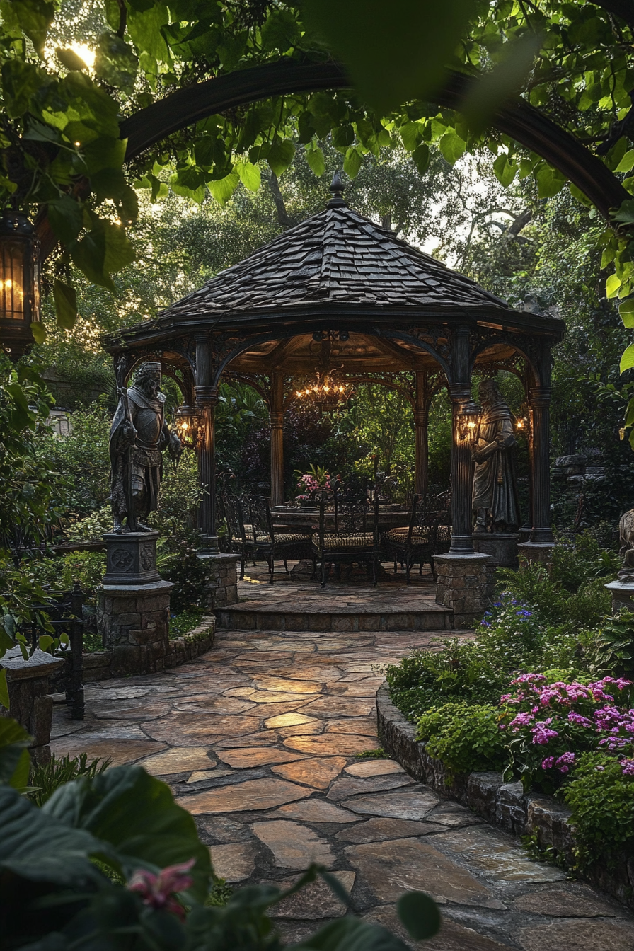 Secluded garden with stone statues, iron gazebo, moonlit path