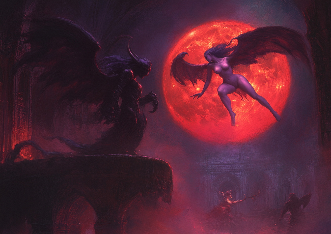 Seductive demon and alluring angel clash under blood-red moon.