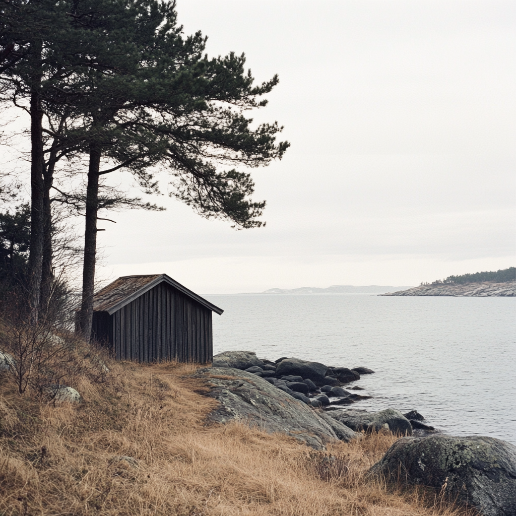 Serene coastal landscape with wooden hut, rocky shoreline, calm sea.