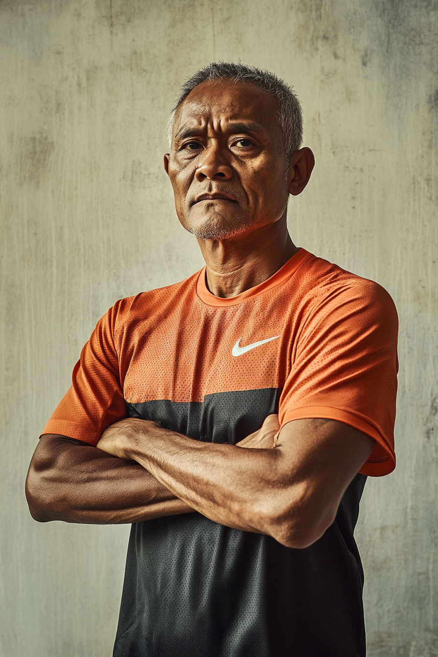 Serious Malay man in Nike shirt, badass pose, determined.