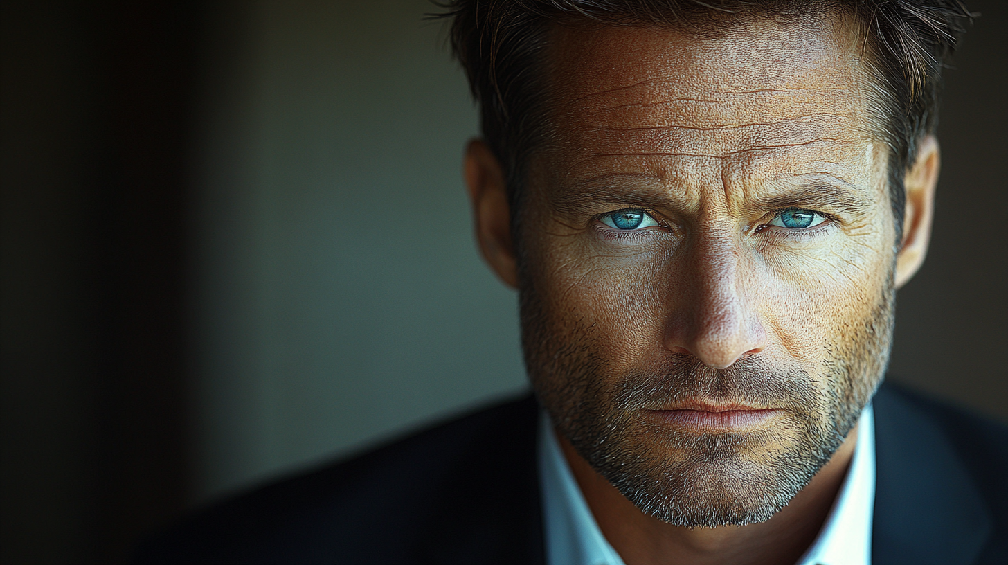 Serious man in black suit with chiseled jawline